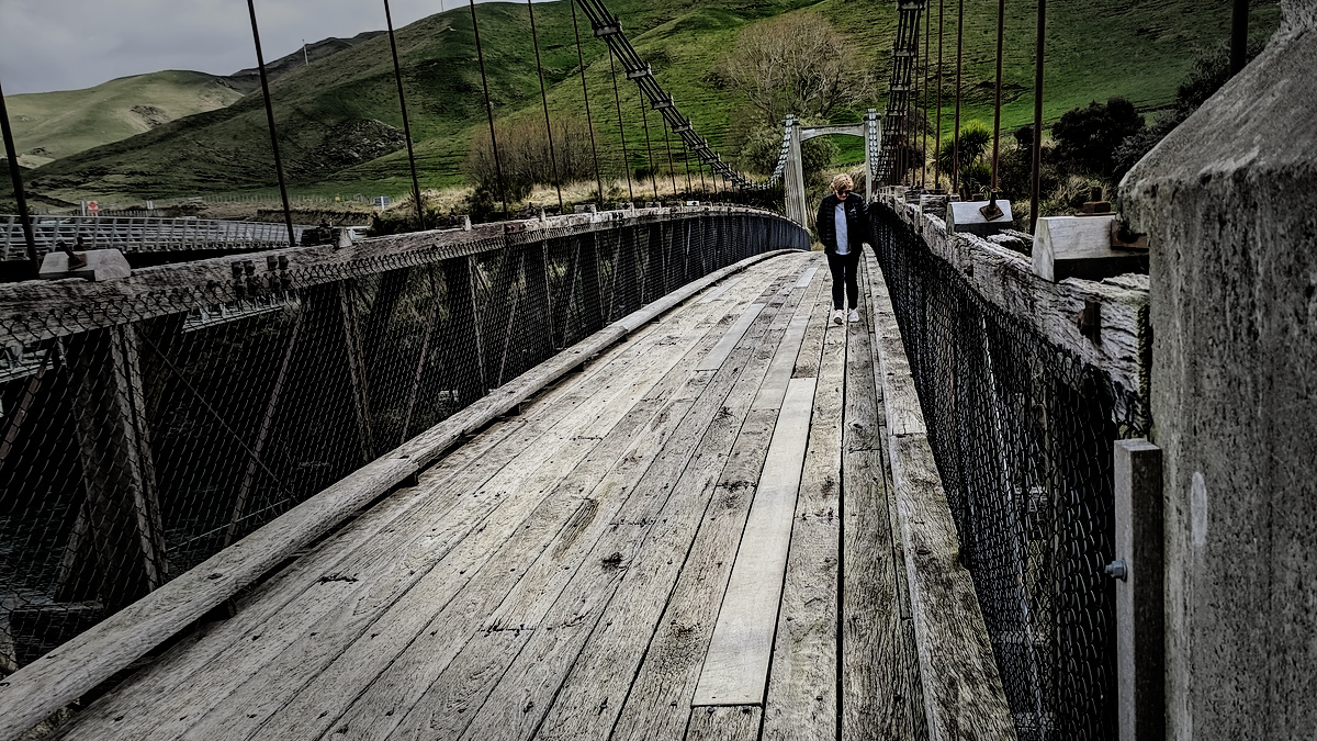 A woman standing on the Springvale suspension bridge