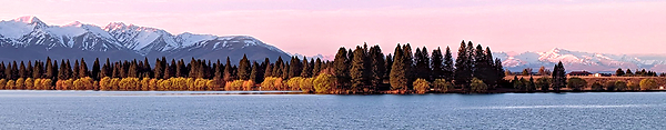 A view of some trees over a lake with a snowy mountain range behind